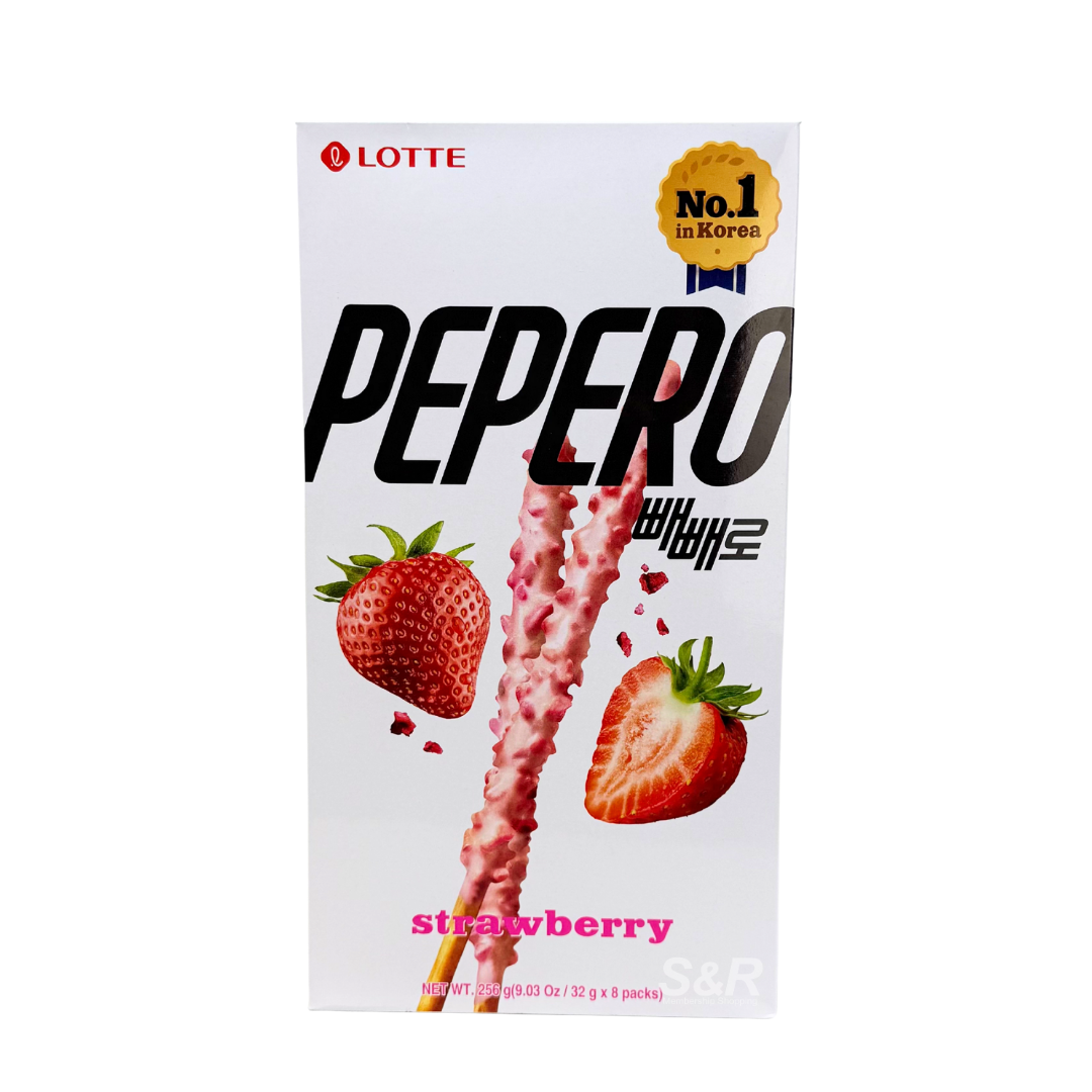 Lotte Pepero Strawberry Pretzel Biscuit Sticks (8 x 32g)